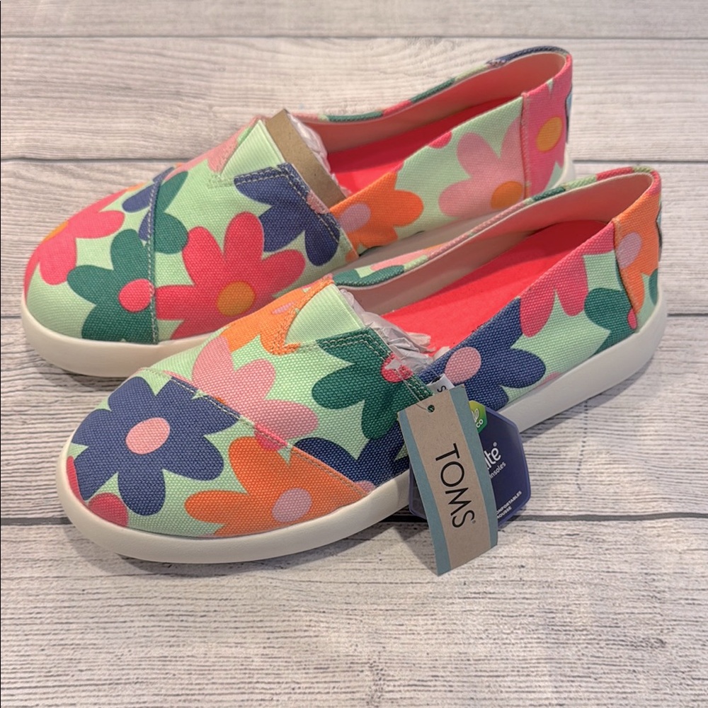 TOMS Alpargata Mallow Patina Green Retro Floral Print Canvas Slip-On Shoes sz 9